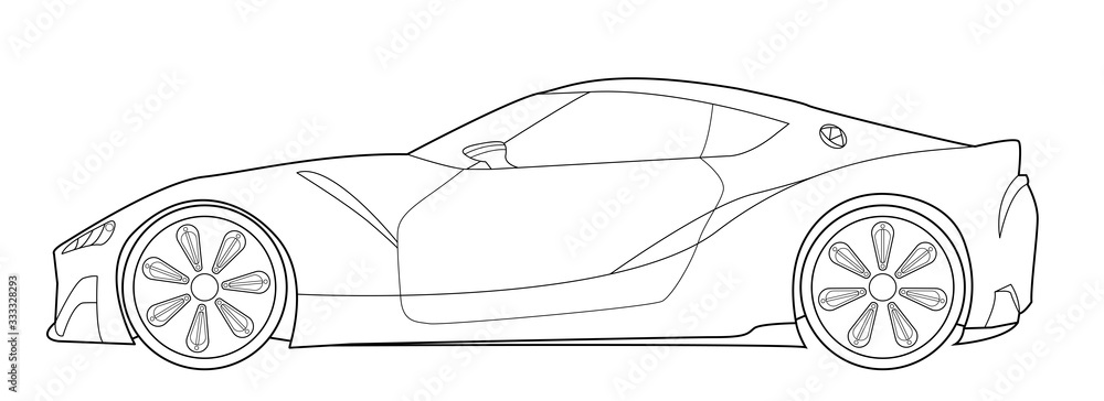 Adult coloring page for book and drawing funny vector illustration high speed drive vehicle graphic element car wheel black contour sketch illustrate isolated on white background vector