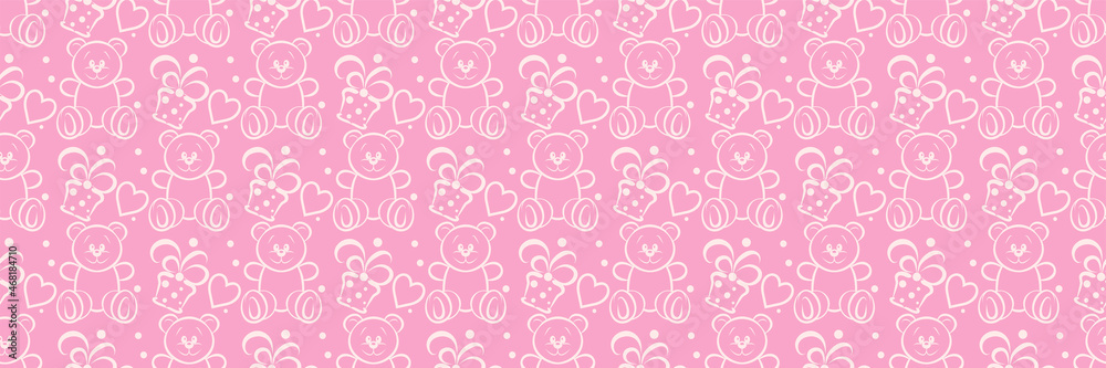 Beautiful background pattern with childrens toys teddy bears hearts and gifts for your design on a pink background seamless background for wallpaper textures vector illustration