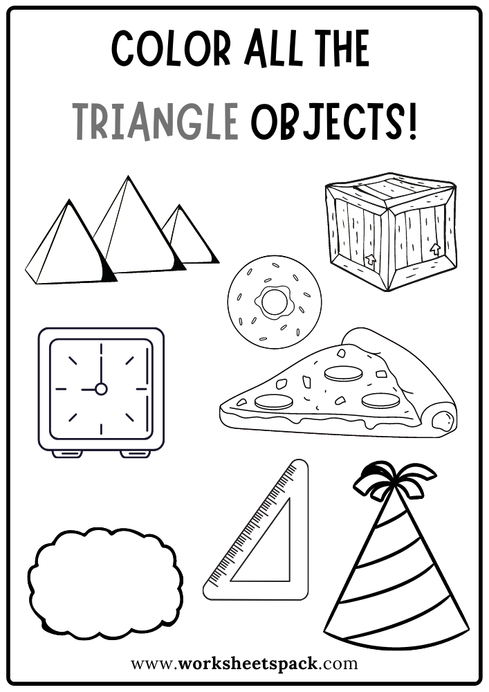 Color all the triangles worksheet triangle shape activity sheets free printable for kids