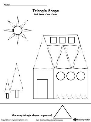 Free find trace color and count the shapes triangle triangle worksheet kindergarten worksheets kindergarten workbooks