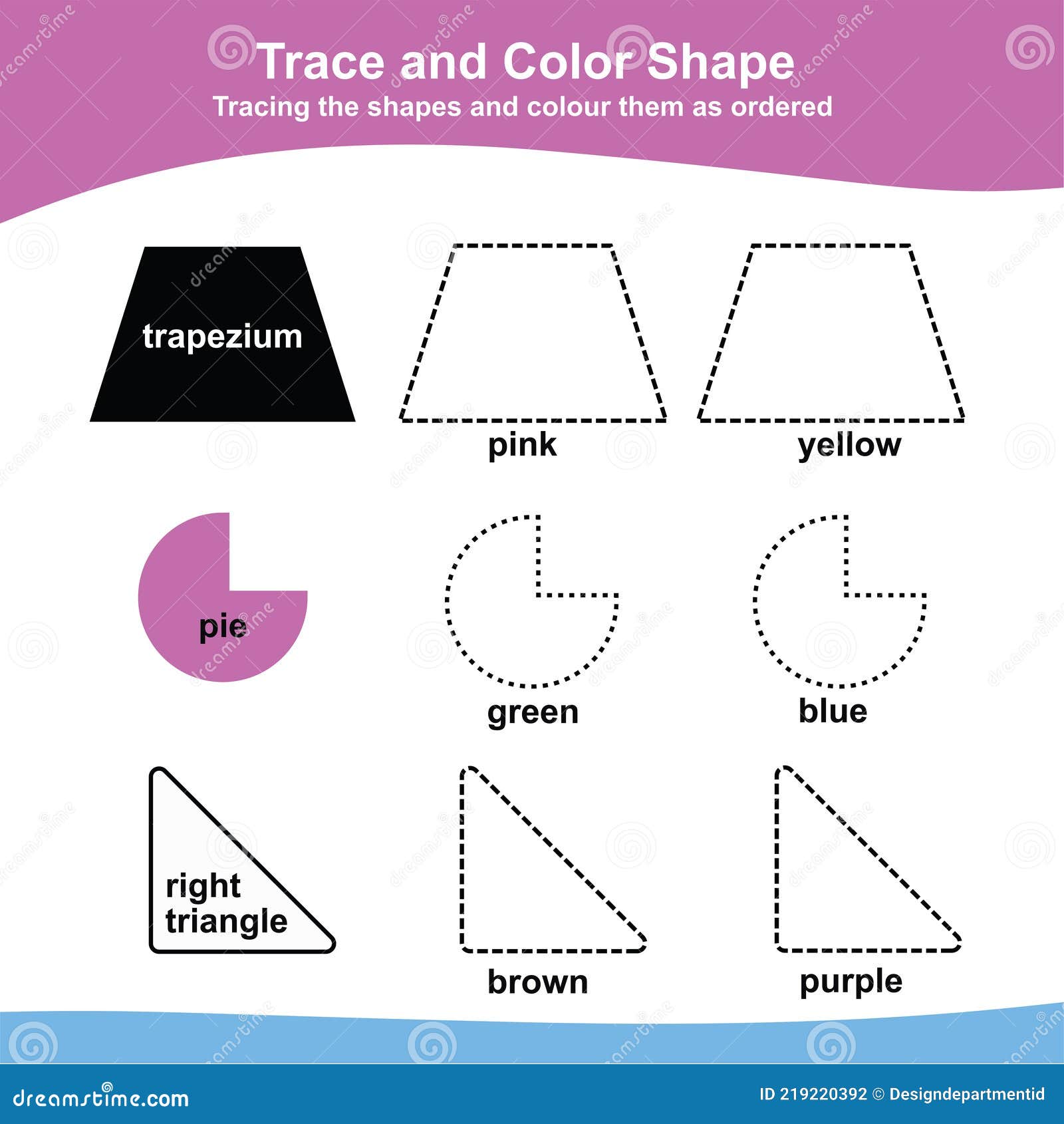 Tracing and coloring the shapes worksheet educational printable math worksheet additional coloring page for kids stock vector