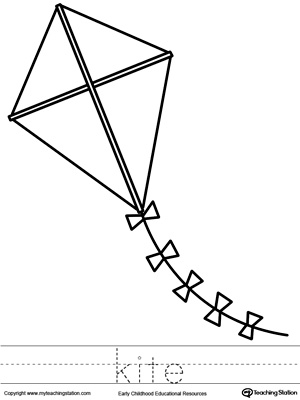 Free kite coloring page and word tracing