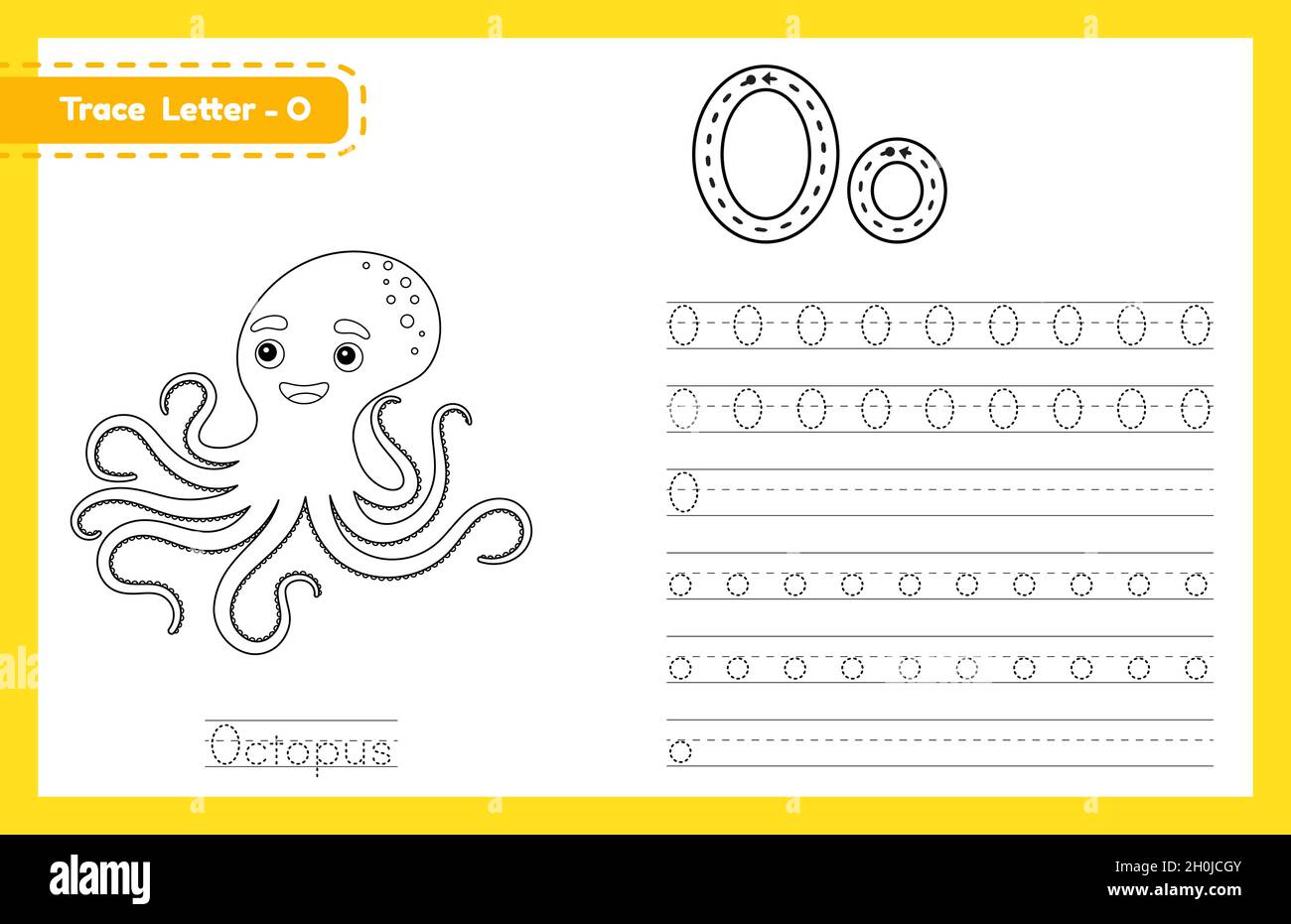 Trace letter o uppercase and lowercase alphabet tracing practice preschool worksheet for kids learning english with cute cartoon animal coloring boo stock vector image art