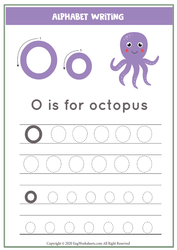Letter o alphabet tracing worksheet with animal illustration