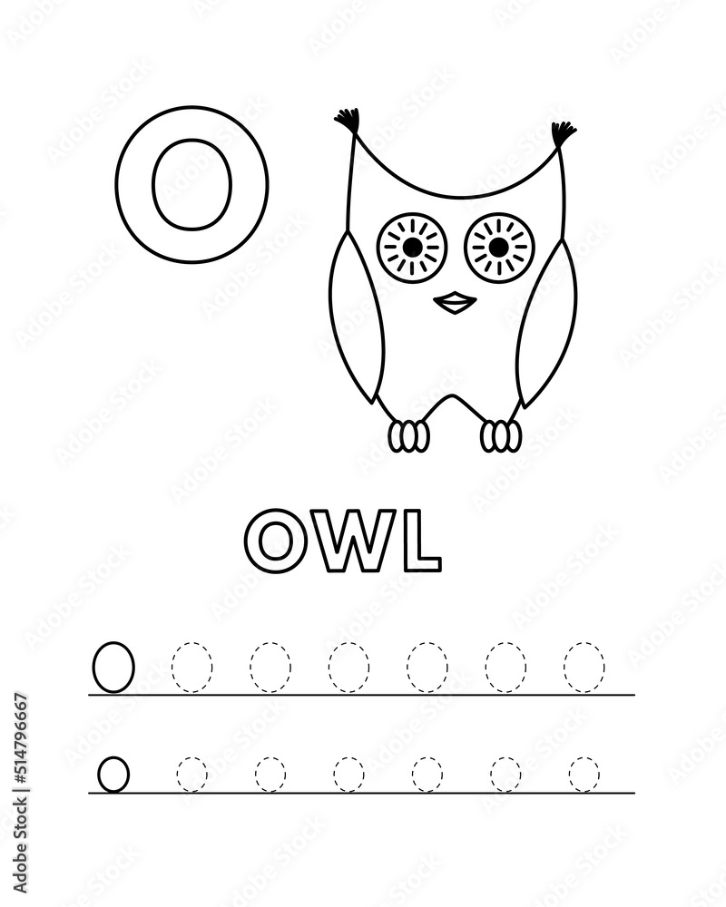 Alphabet with cute cartoon animals isolated on white background coloring pages for children education vector illustration of owl and tracing practice worksheet letter o vector