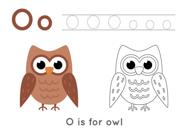 Coloring and tracing page with letter o and cute cartoon owl stock illustration