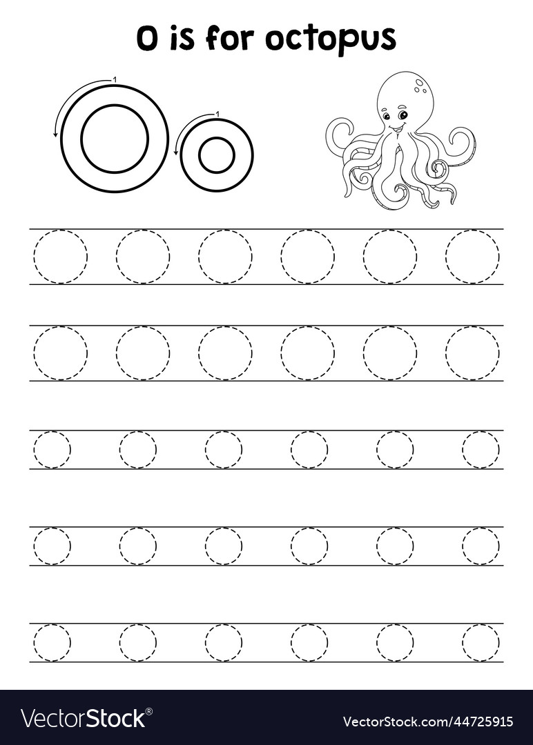 Octopus animal tracing letter abc coloring page o vector image