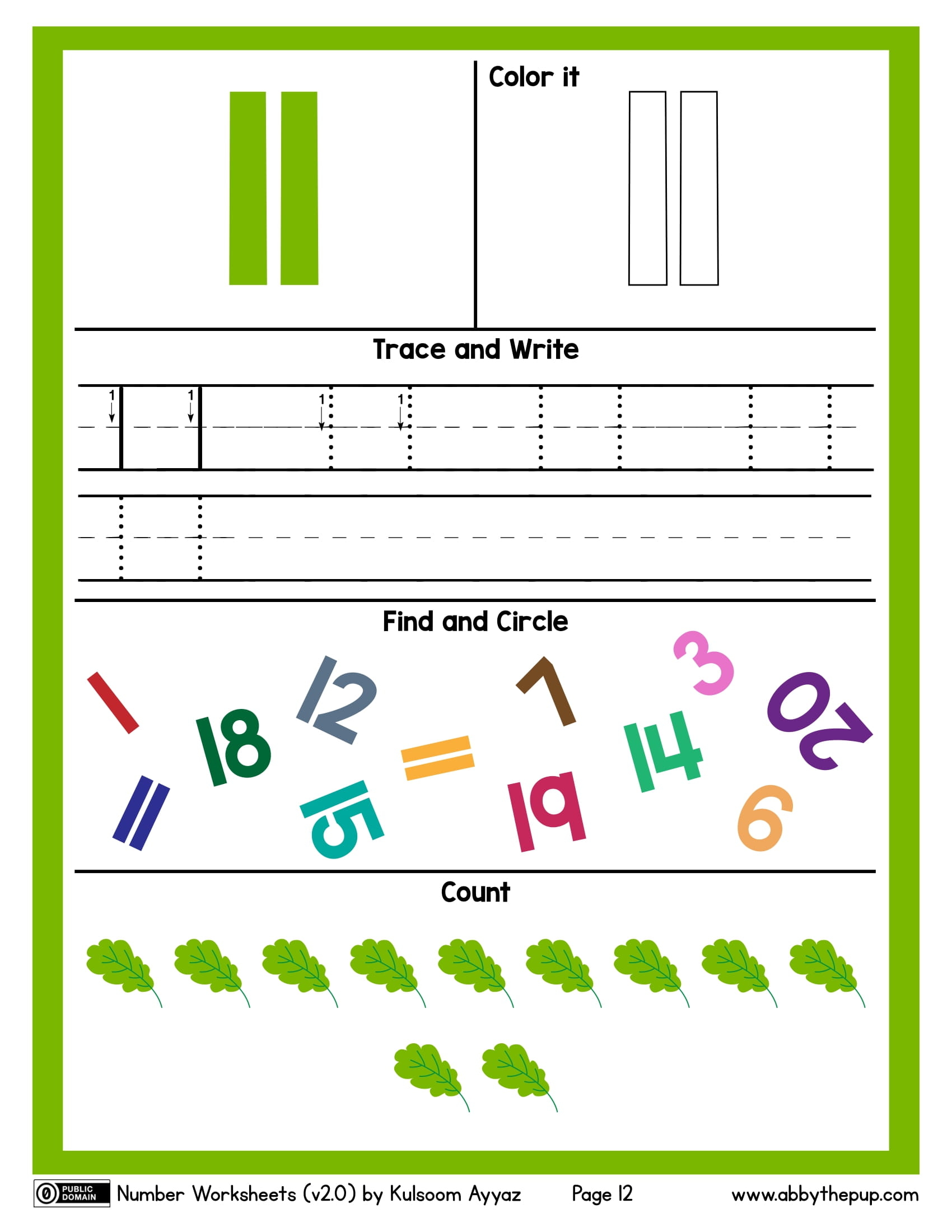 Number color trace write find and count worksheet free printable puzzle games