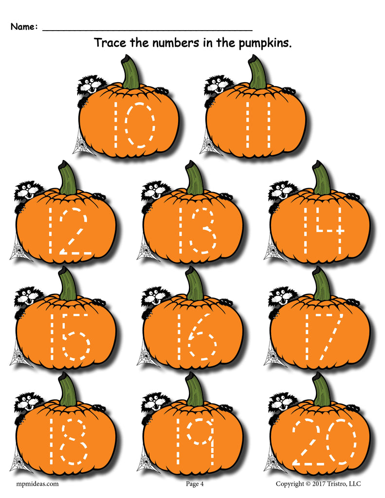 Printable pumpkin number tracing worksheets
