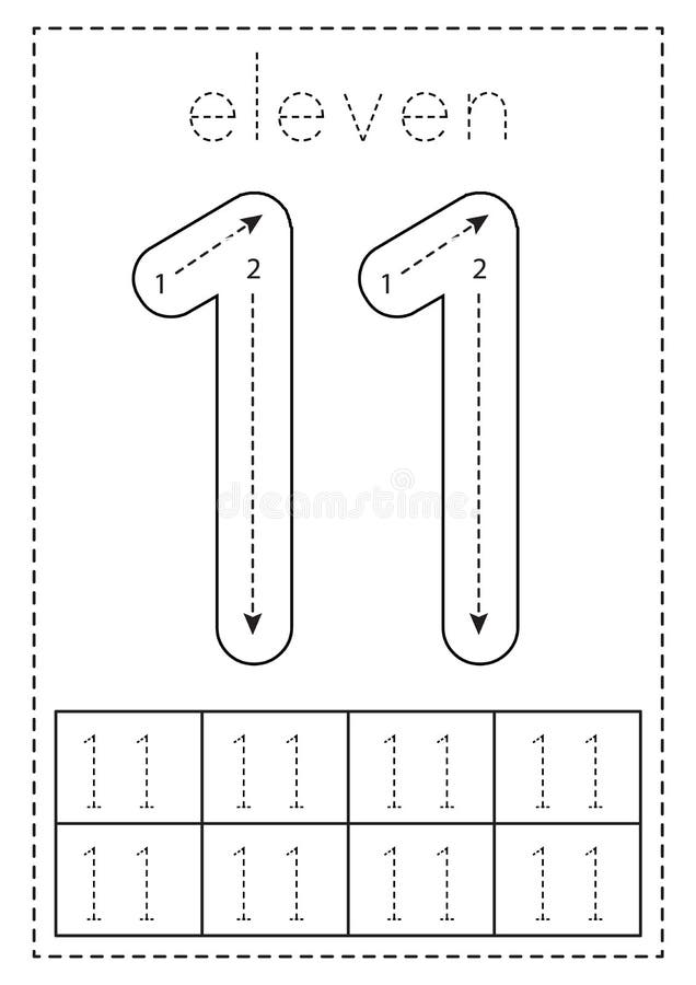 Tracing number eleven preschool worksheet black and white stock vector