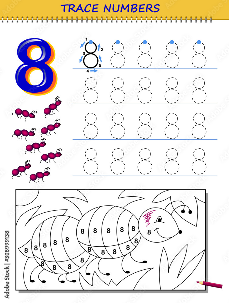 Educational page for kids with number printable worksheet for children textbook developing skills of counting writing and tracing baby coloring book back to school vector image vector