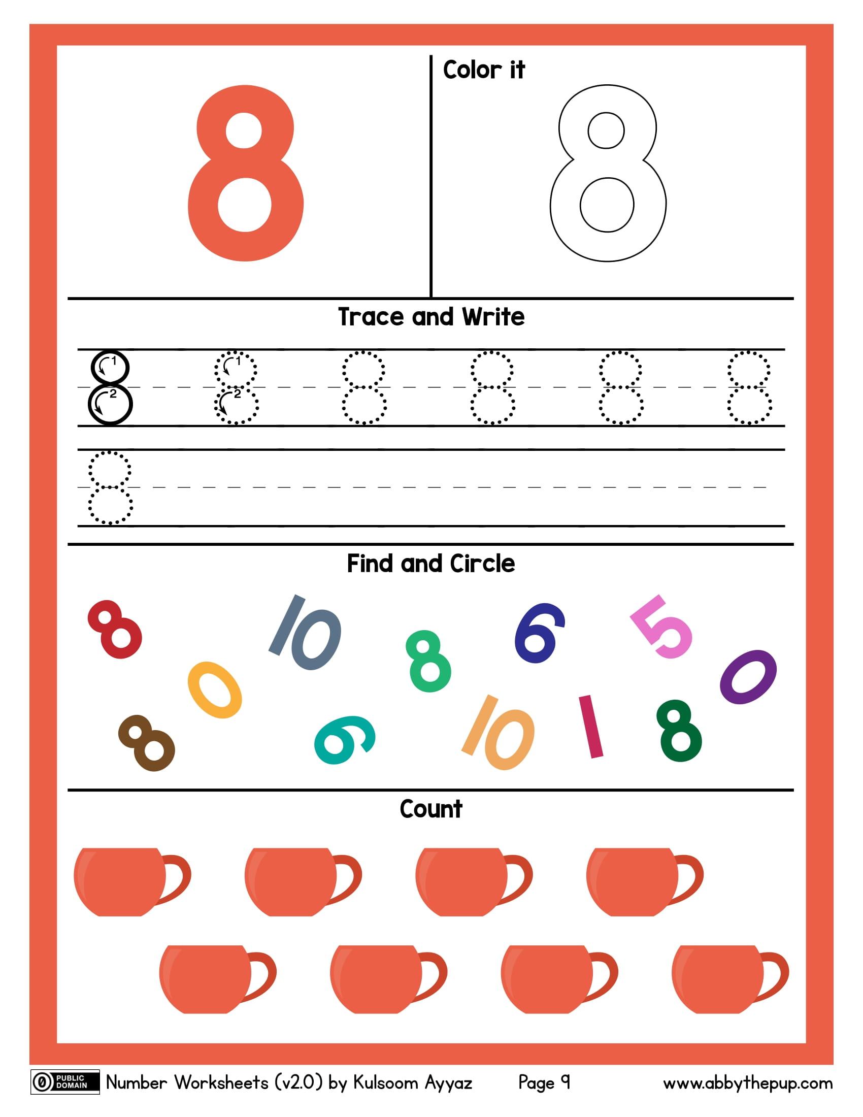 Number color trace write find and count worksheet free printable puzzle games