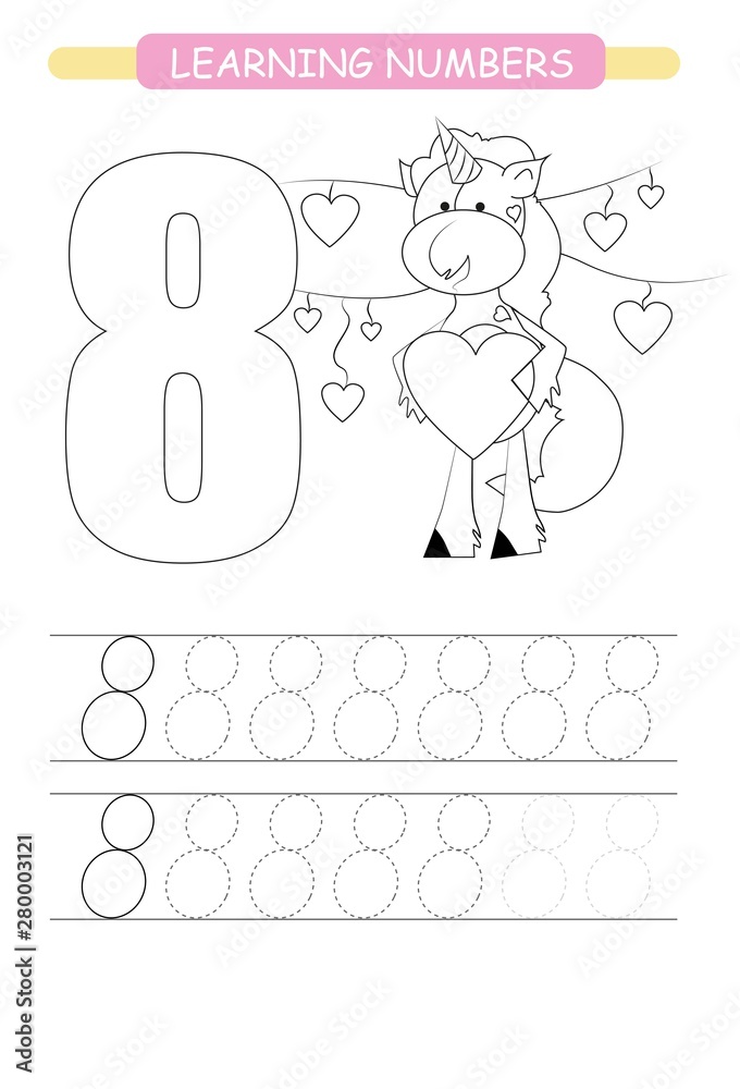 Funny children flashcard number eight unicorn with hearts learning to count and to write coloring printable worksheet for kindergarten and preschool number writing practice vector