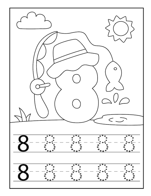 Premium vector fishing number coloring pages for toddlers