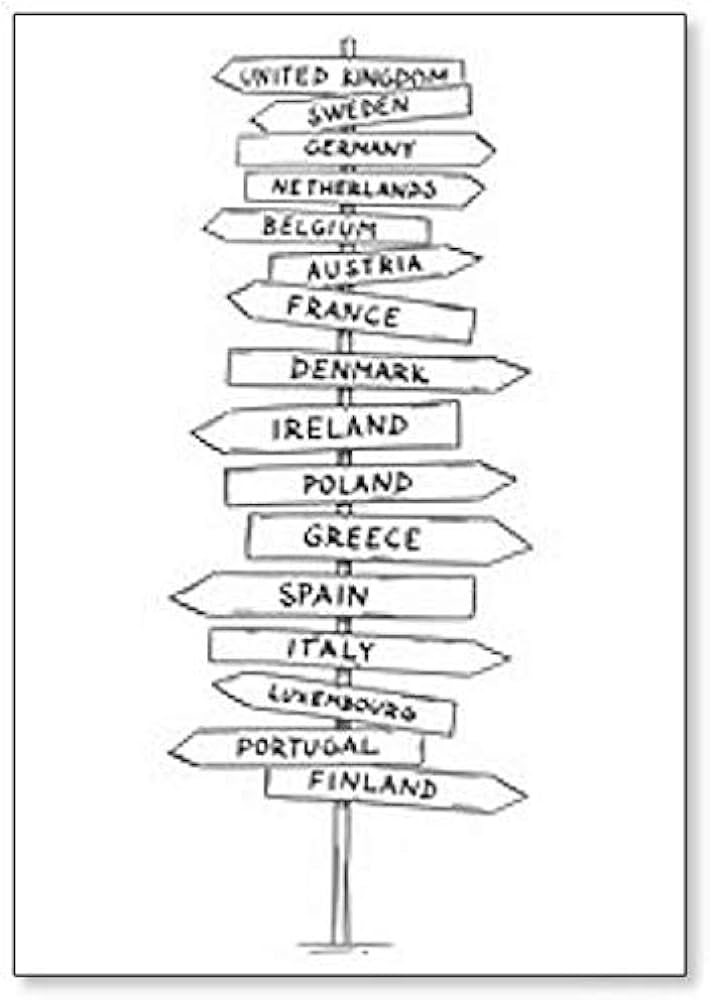 Old wooden directional road arrow sign with names of western european countries fridge magnet home