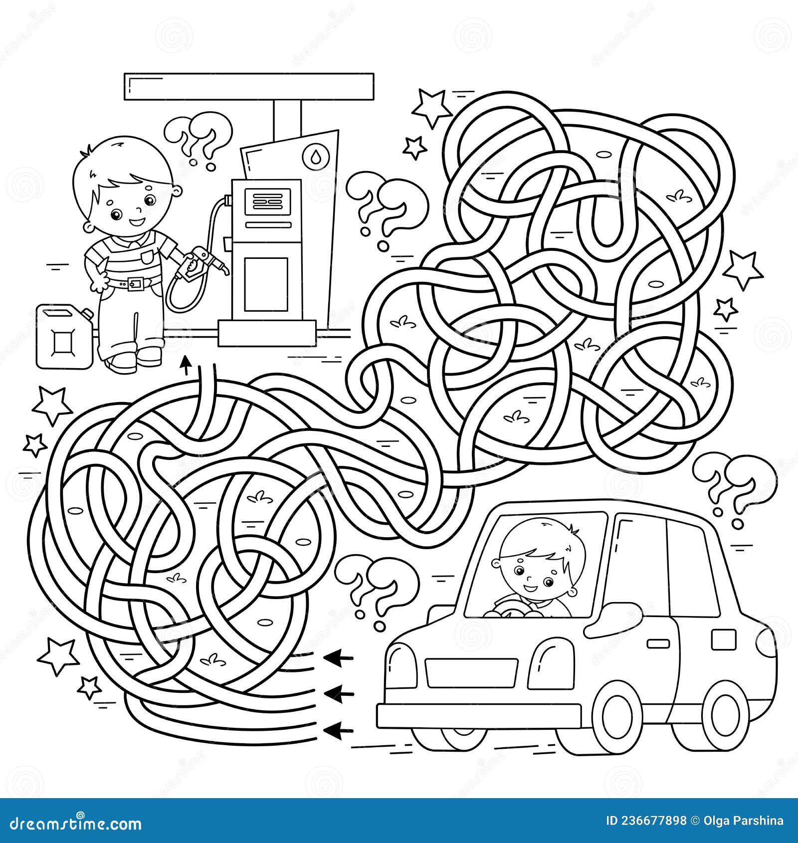 Maze or labyrinth game puzzle tangled road coloring page outline of cartoon car with driver on petrol station stock vector