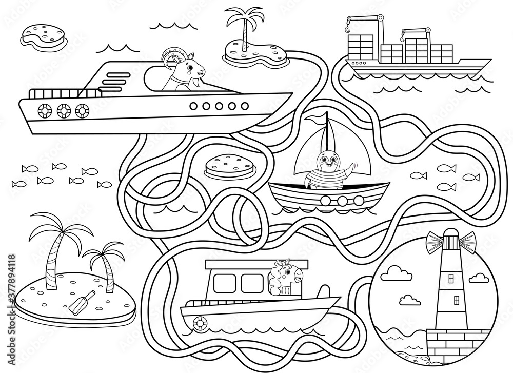 Help the boat find the right way to the lighthouse maze or labyrinth game for preschool children black and white for coloring puzzle tangled road transport for kids vector