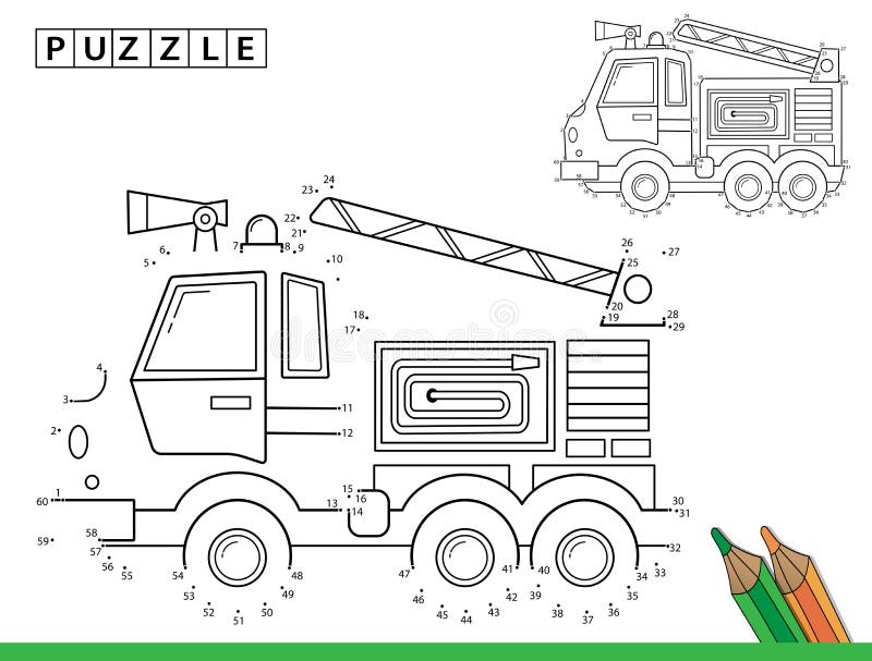 Puzzle game for kids numbers game coloring page outline of cartoon fire truck stock vector