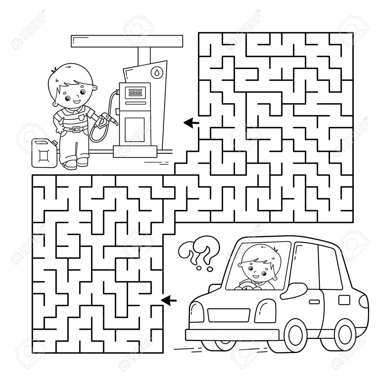 Maze or labyrinth game puzzle coloring page outline of cartoon car with driver on petrol station transport or vehicle coloring book for kids royalty free svg cliparts vectors and stock illustration image