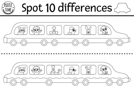 Find differences game for children transportation black and white activity with cute limousine passengers driver coloring page for kids with transport printable worksheet with limo