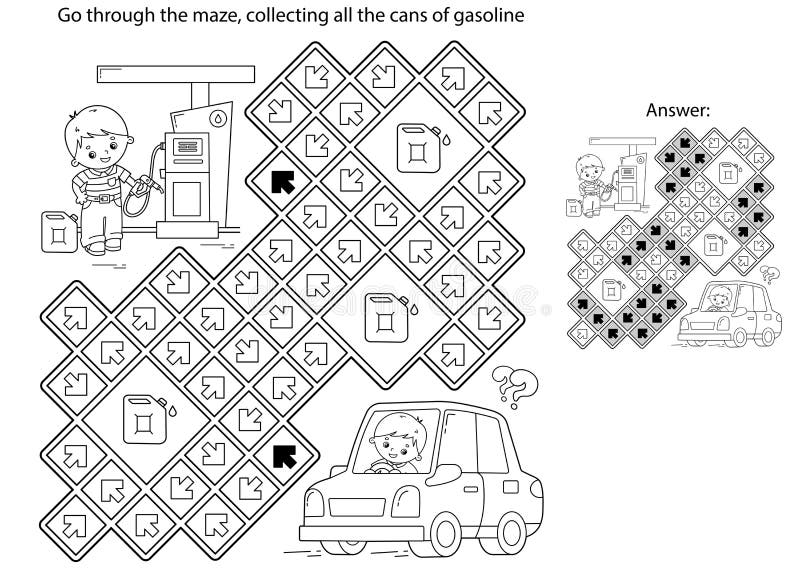 Maze or labyrinth game puzzle coloring page outline of cartoon car with driver on petrol station transport or vehicle stock vector