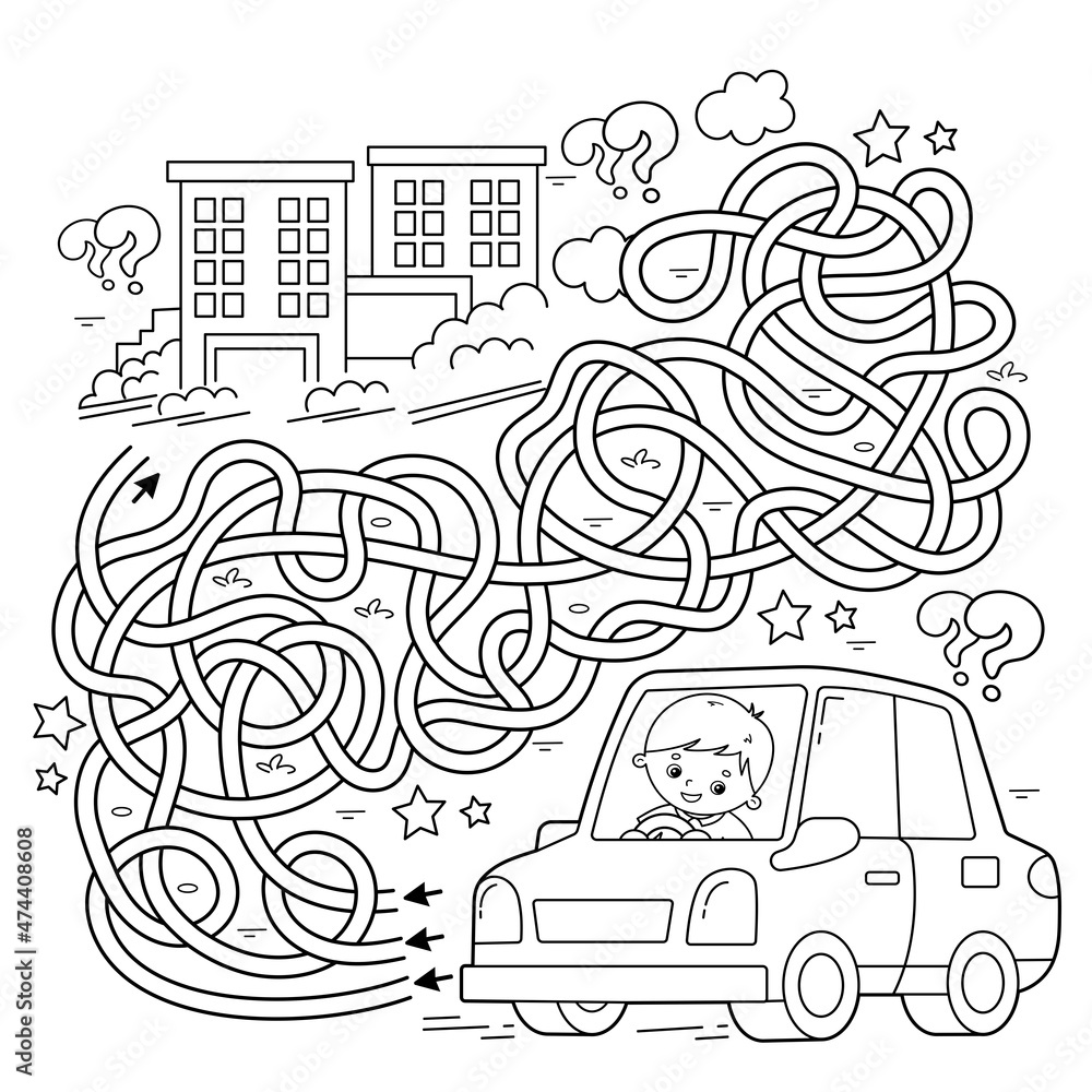 Maze or labyrinth game puzzle tangled road coloring page outline of cartoon car with driver transport or vehicle coloring book for kids vector