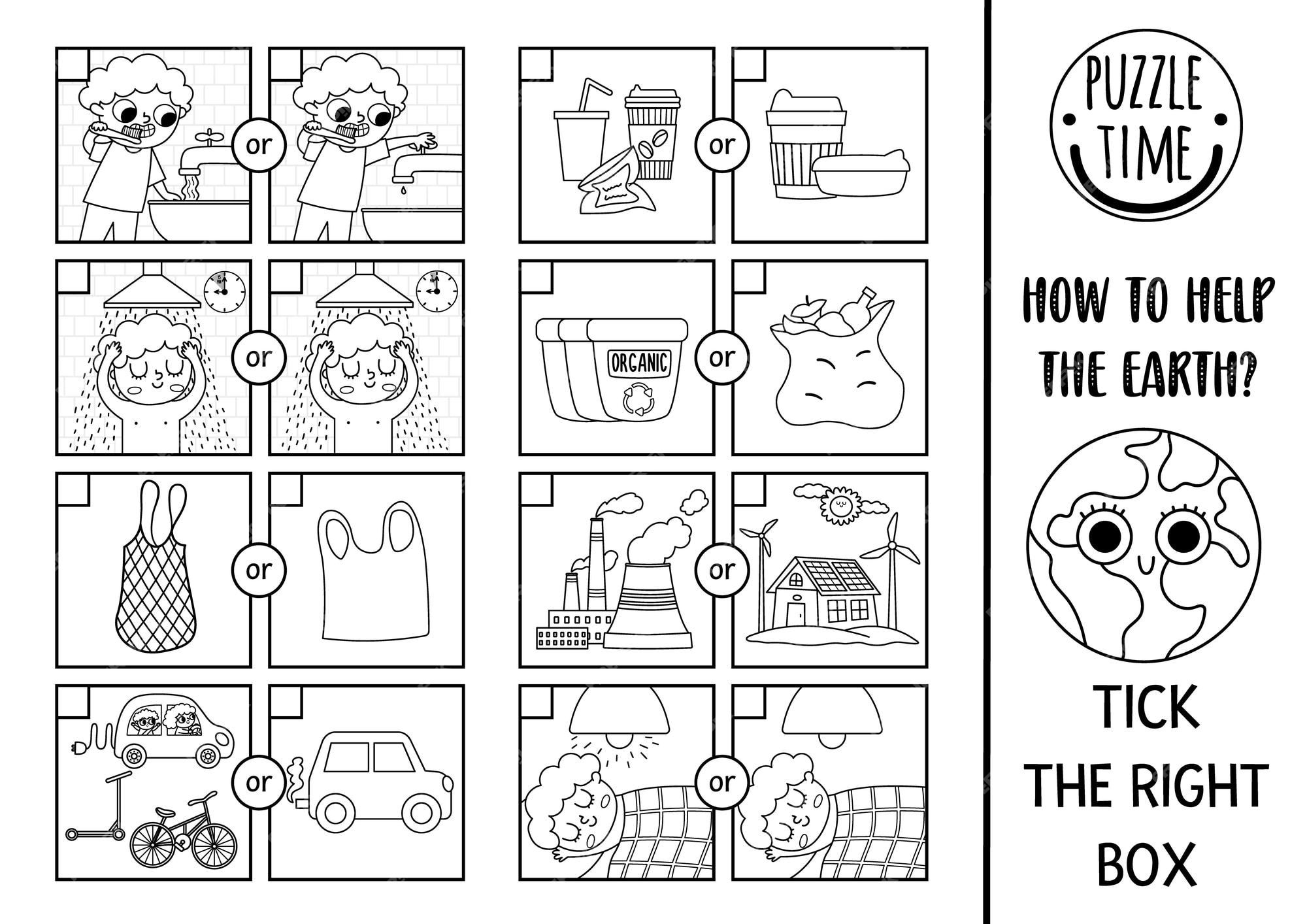Premium vector ecological black and white matching activity with alternative resources transport waste sorting concept earth day puzzle printable worksheet eco awareness coloring page for kidsxa