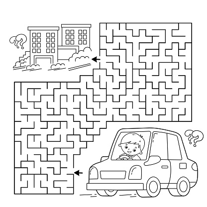 Maze or labyrinth game puzzle coloring page outline of cartoon car with driver transport or vehicle coloring book for kids stock illustration