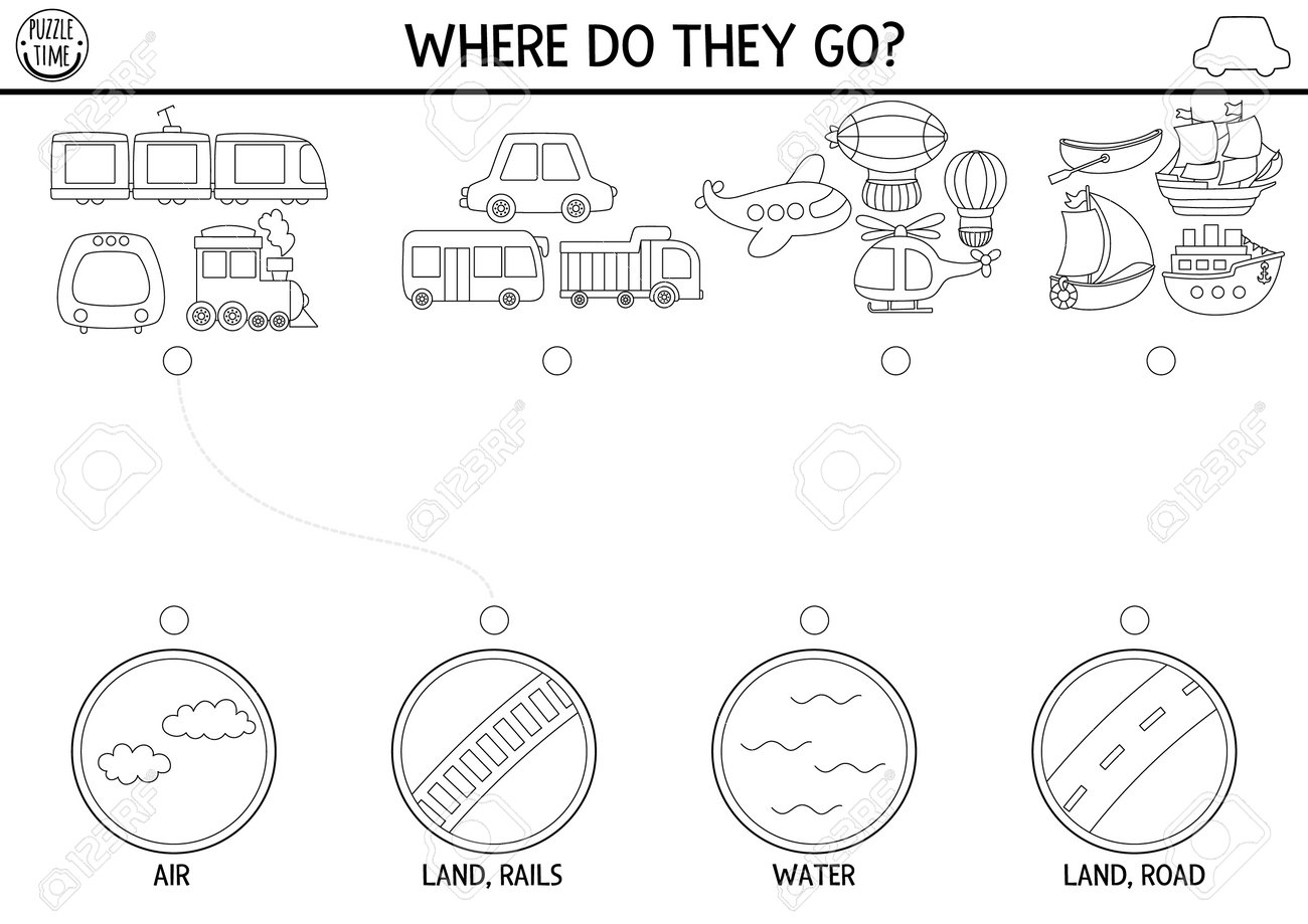 Transportation black and white matching activity with cute plane ship train places they go air water land railway transport puzzle match objects game match up coloring page with vehicle royalty free svg