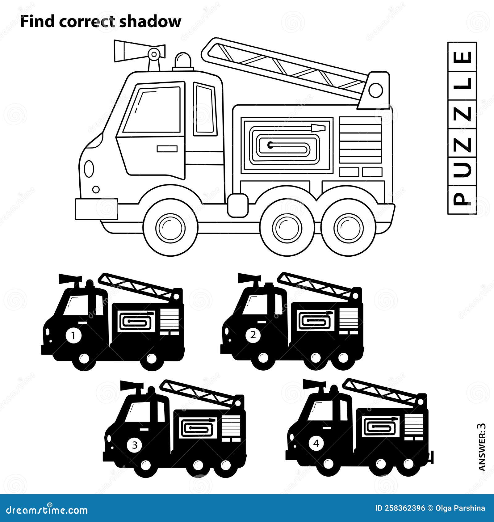 Puzzle game for kids find correct shadow coloring page outline of cartoon fire truck stock vector
