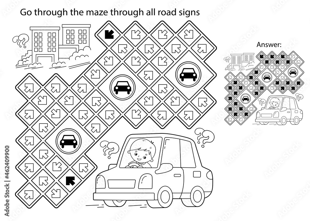 Maze or labyrinth game puzzle coloring page outline of cartoon car with driver transport or vehicle coloring book for kids vector