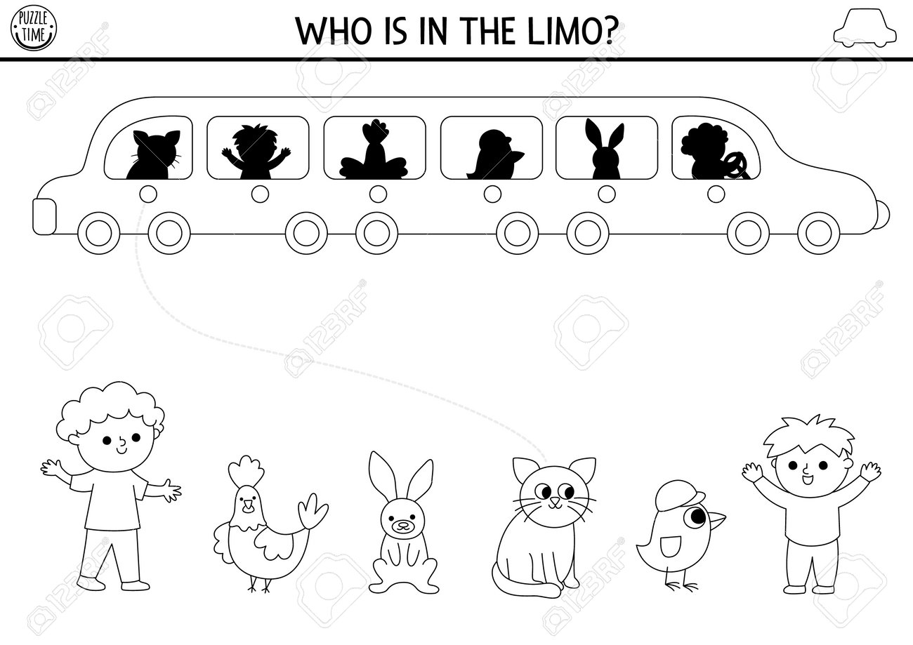 Transportation black and white shadow matching activity transport line puzzle with limousine car passengers find correct silhouette printable worksheet funny coloring page for kids royalty free svg cliparts vectors and stock illustration