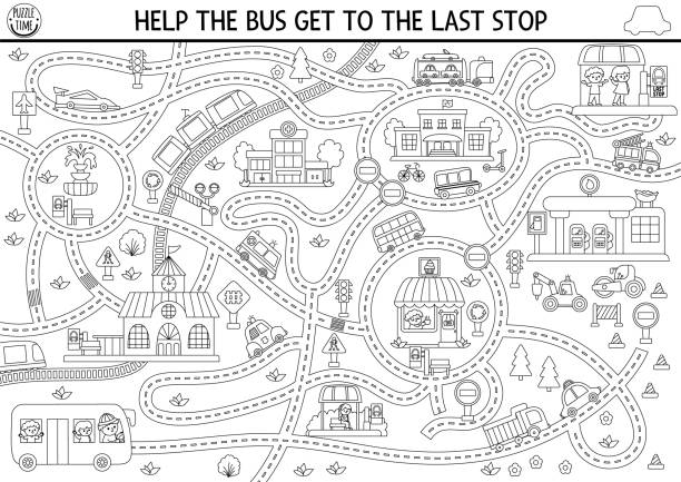 Transportation black and white maze for kids with city landscape cars passengers transport line preschool printable activity coloring page labyrinth game puzzle help bus get to last stop stock illustration