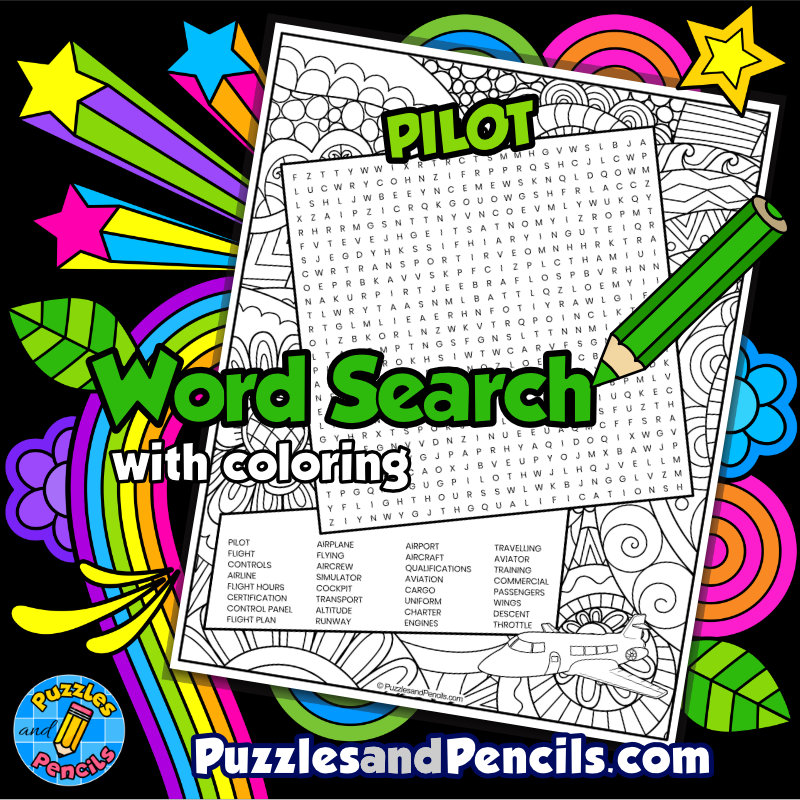 Pilot word search puzzle activity page with coloring careers made by teachers