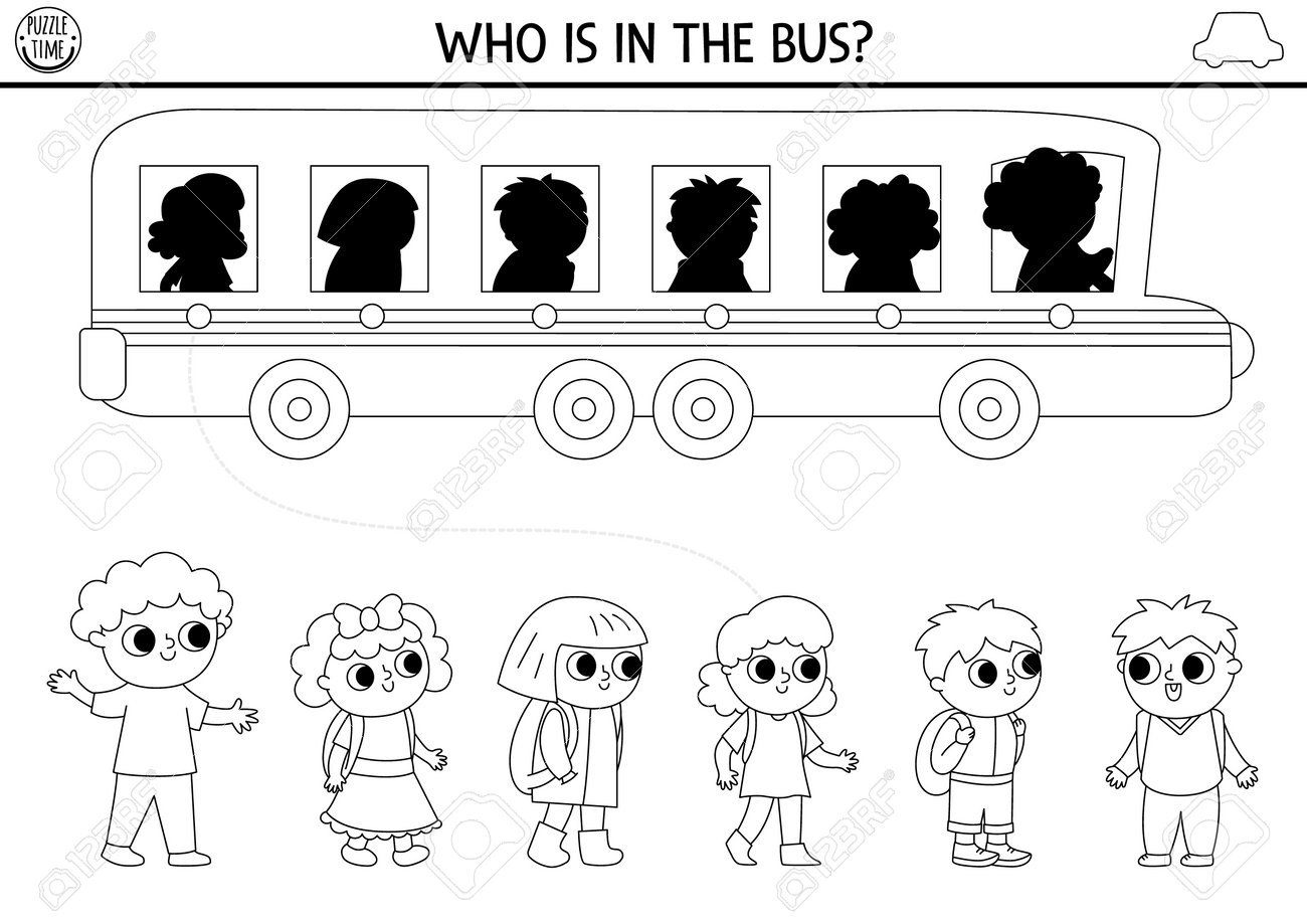 Transportation black and white shadow matching activity transport line puzzle with school bus pupils find correct silhouette printable worksheet funny back to school coloring page for kids royalty free svg cliparts vectors