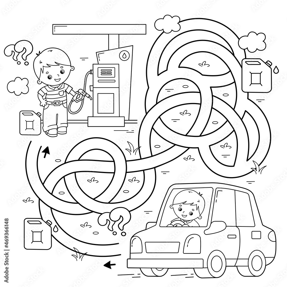 Maze or labyrinth game puzzle tangled road coloring page outline of cartoon car with driver on petrol station transport or vehicle coloring book for kids vector