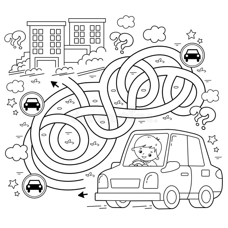 Maze or labyrinth game puzzle tangled road coloring page outline of cartoon car with driver transport or vehicle stock vector