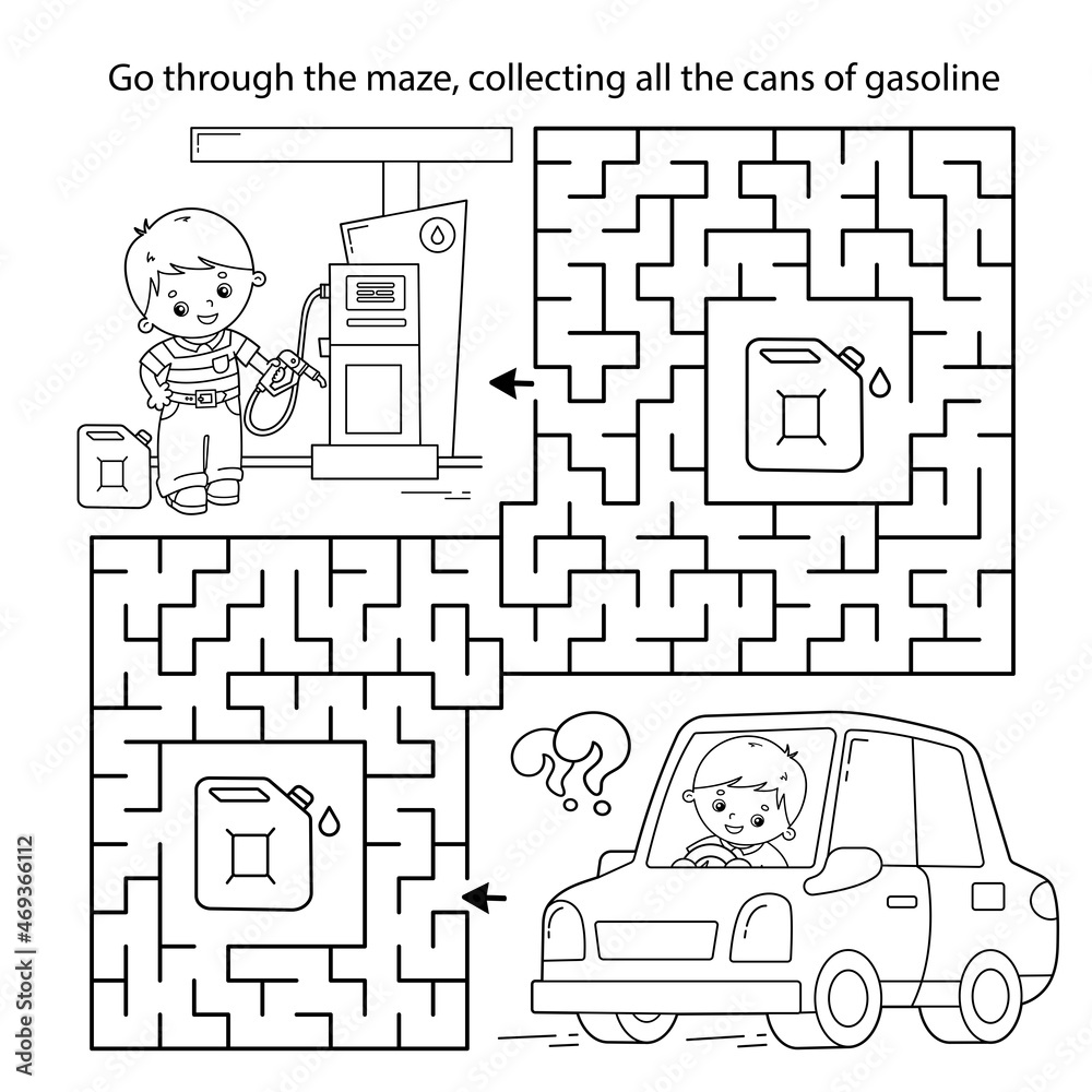 Maze or labyrinth game puzzle coloring page outline of cartoon car with driver on petrol station transport or vehicle coloring book for kids vector