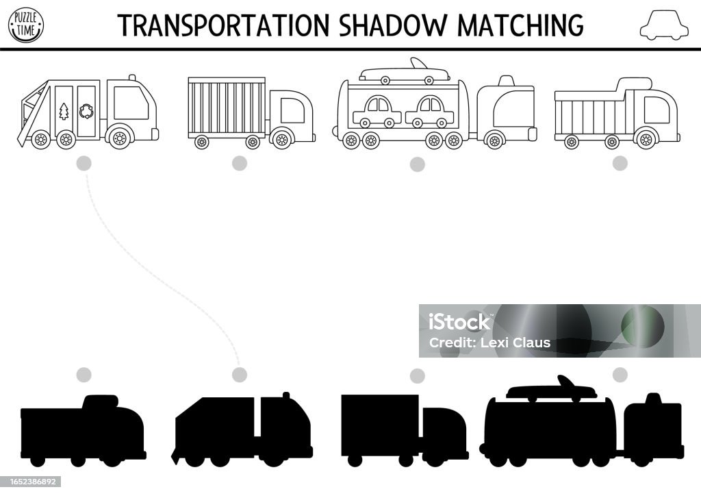 Transportation black and white shadow matching activity transport line puzzle with cute trucks find correct silhouette printable worksheet or game funny coloring page for kids with lorry stock illustration