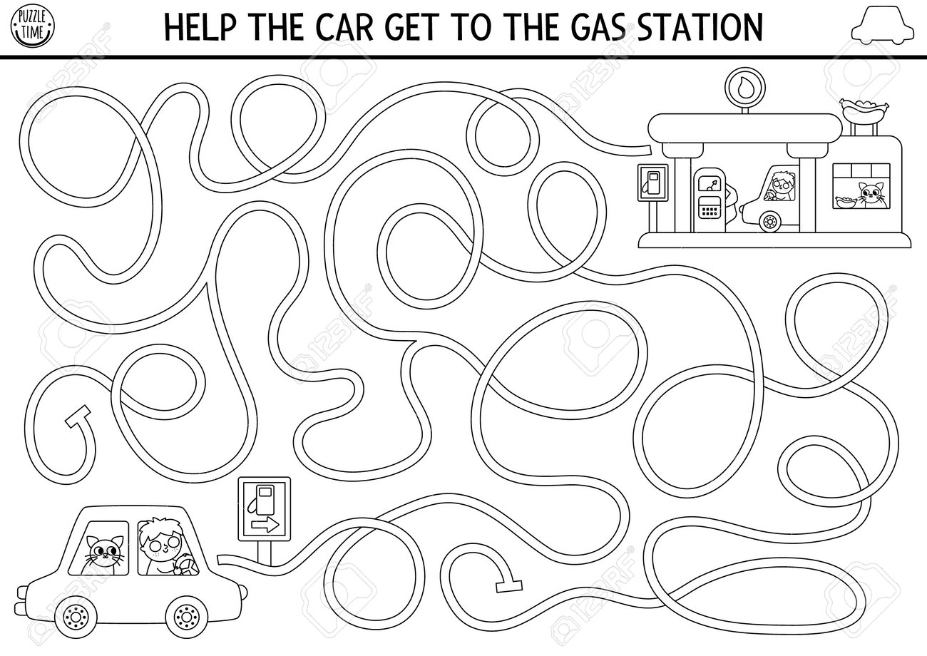 Transportation black and white maze for kids with auto driver line transport printable activity or coloring page labyrinth game puzzle with filling service cafe help car get to gas station royalty free