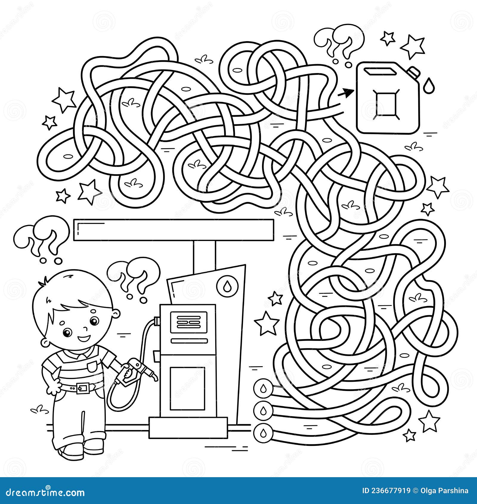 Maze or labyrinth game puzzle tangled road coloring page outline of cartoon driver on petrol station transport or vehicle stock vector