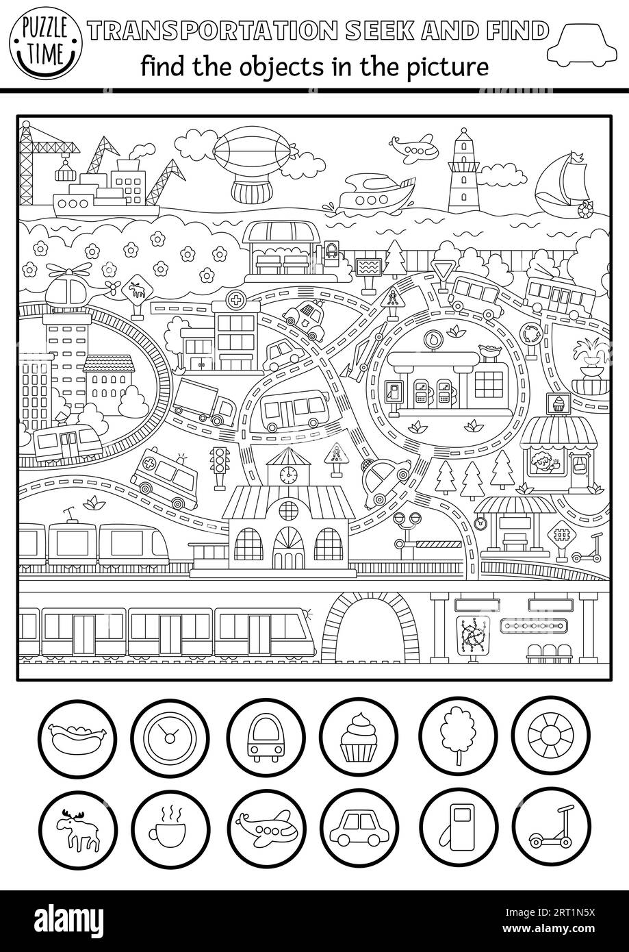 Vector transportation searching black and white game with city landscape with roads cars metro spot hidden objects coloring page water air land stock vector image art