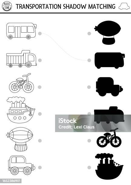 Transportation black and white shadow matching activity water transport line puzzle with cute ship yacht boat find correct silhouette printable worksheet game funny coloring page for kids stock illustration