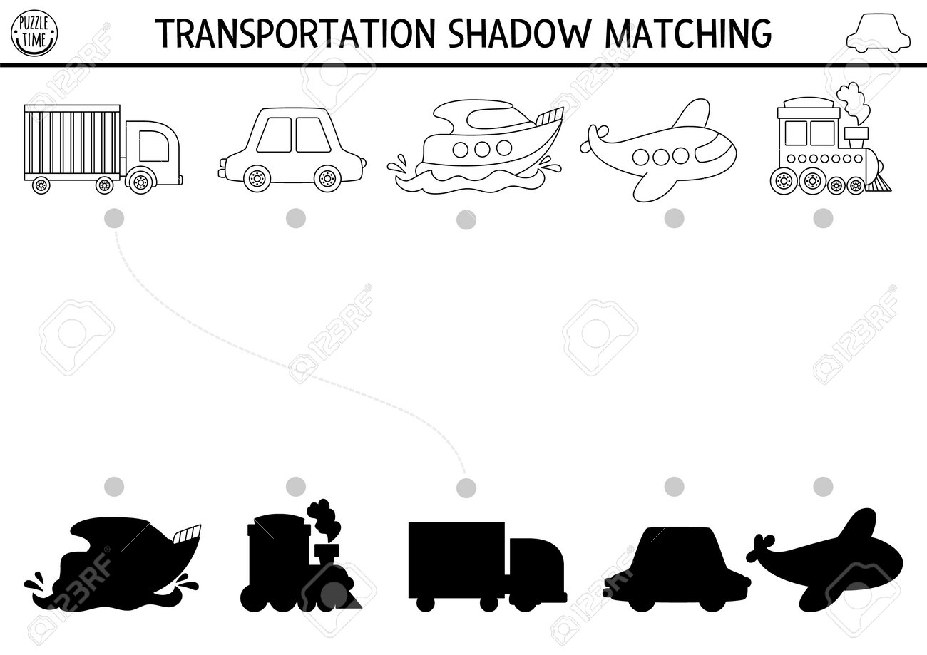 Transportation black and white shadow matching activity transport line puzzle with car truck boat plane train find correct silhouette printable worksheet game funny coloring page for kids royalty free svg cliparts vectors