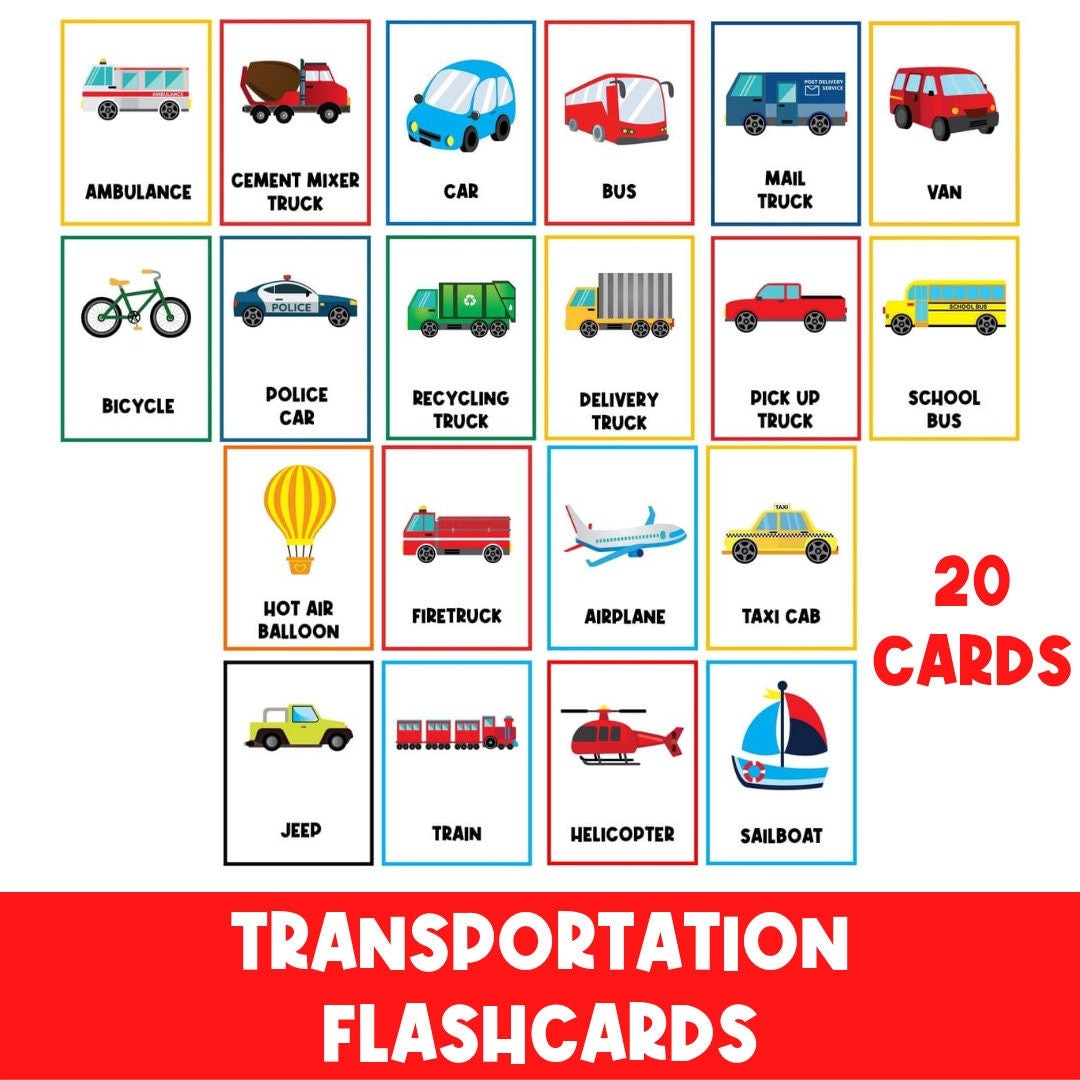 Transportation flashcards vehicles trucks cars