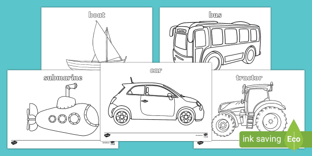 Vehicles and transport picture and word colouring sheets