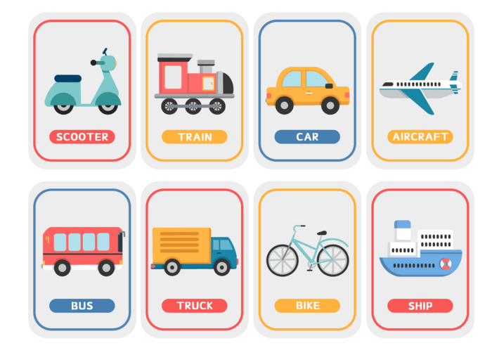 Transportation cartoon educational colorful flashcards psd free download