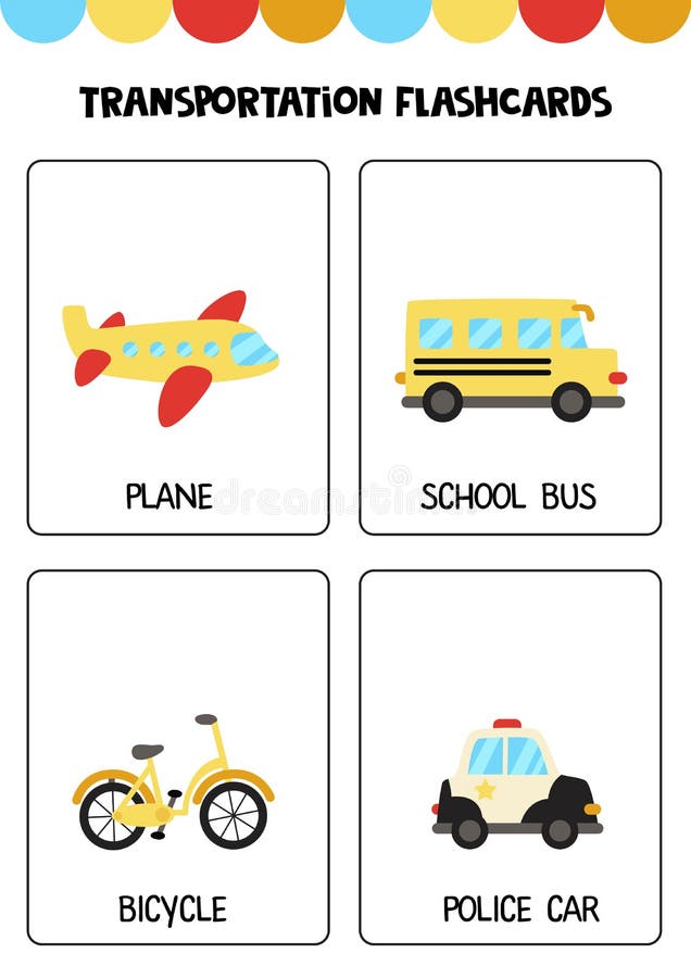 Cute cartoon transportation means with names flashcards for children stock vector