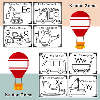 Transportation alphabet small flash cards vocabulary kindergarten bw