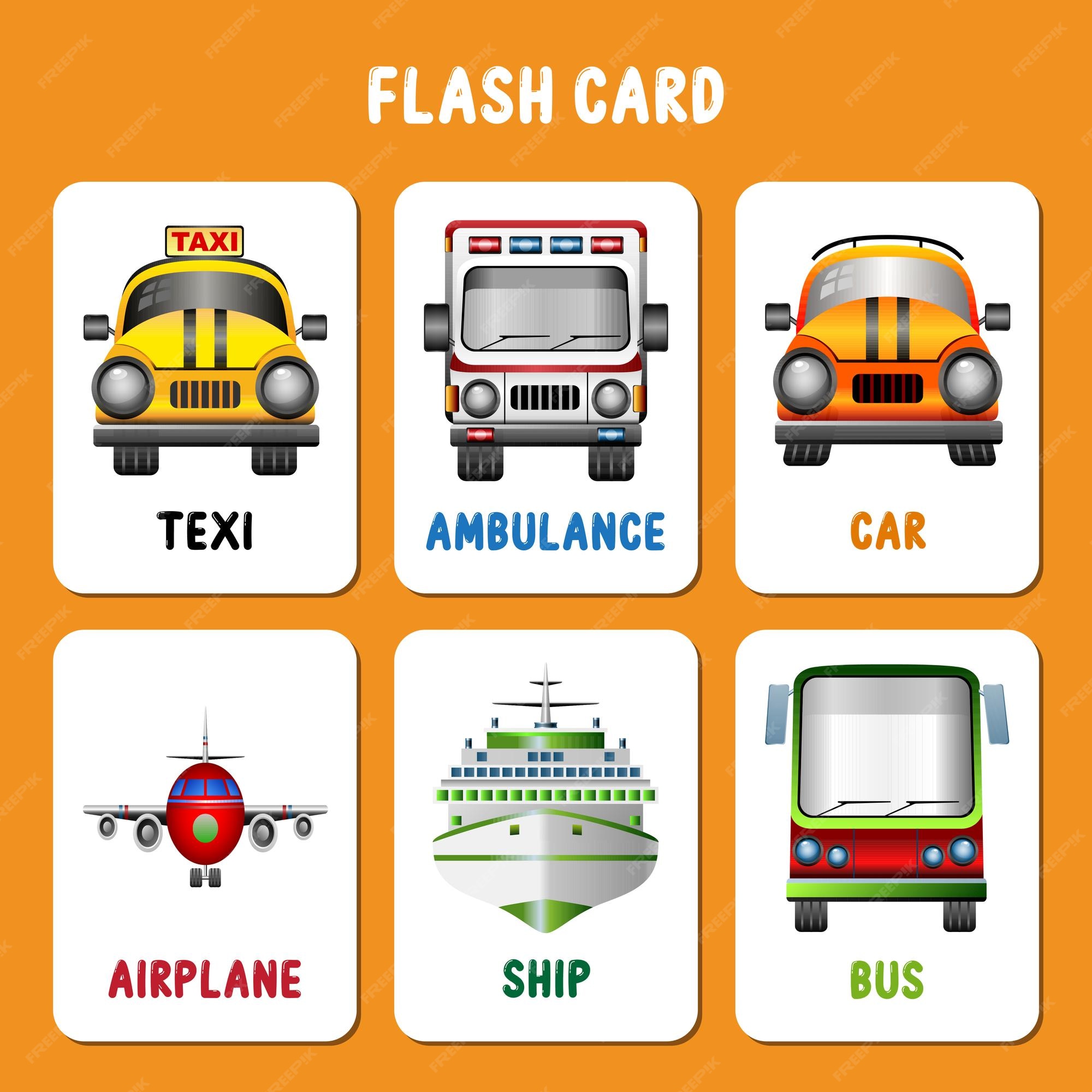 Premium vector cute cartoon transportation means with names flashcards for children